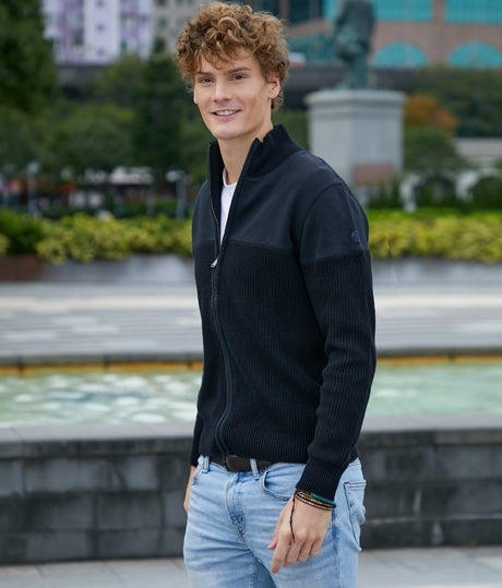 Men Funnel Neck Cut And Sew Cardigan