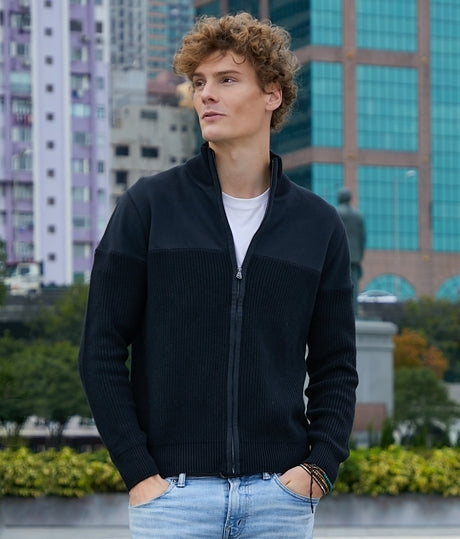 Men Funnel Neck Cut And Sew Cardigan
