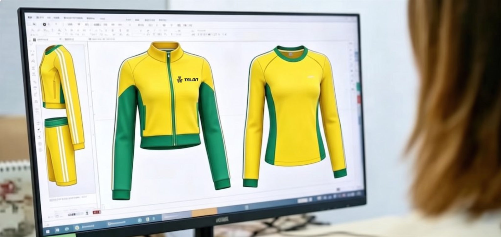 TALON apparel design sketch on monitor in clothing manufacturer development — TALON OEM manufacturing