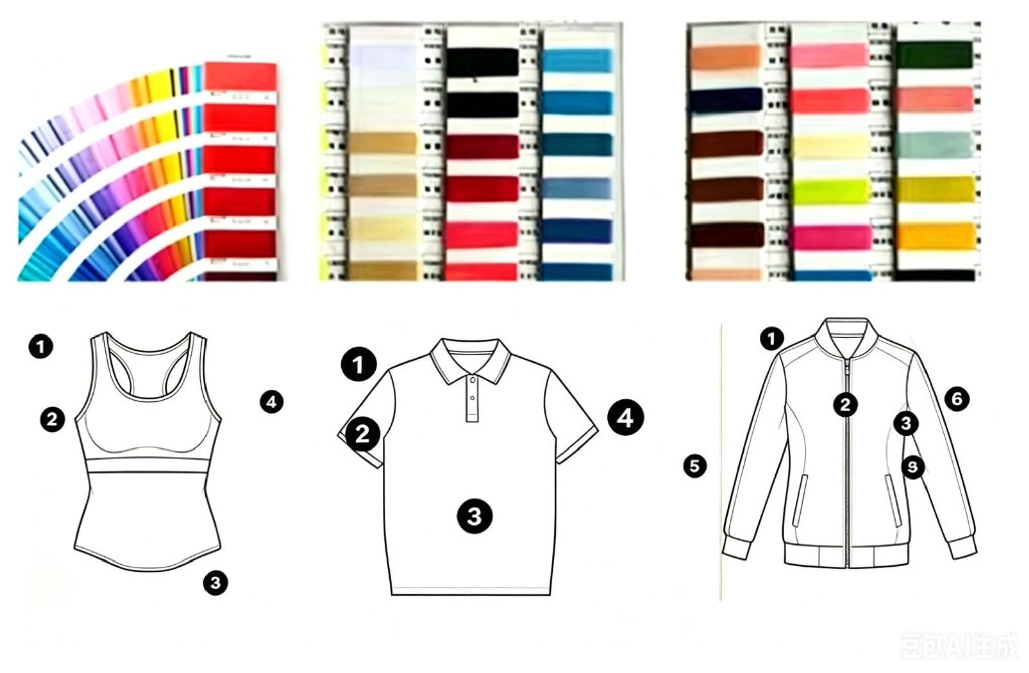 Pantone color selection charts and apparel size spec technical sketches.